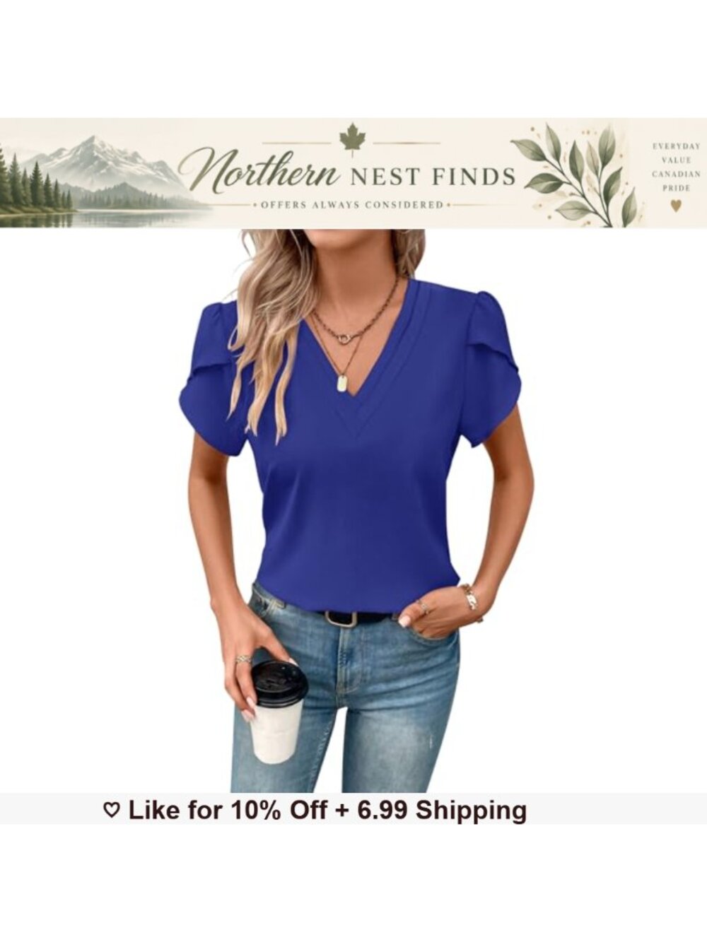 Women's Petal Sleeve V Neck Casual Loose Summer T-Shirt Top